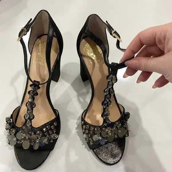 Vince Camuto Beaded Block Heels 8.5 Serafine Jeweled Suede T-Strap Heels - Picture 4 of 10